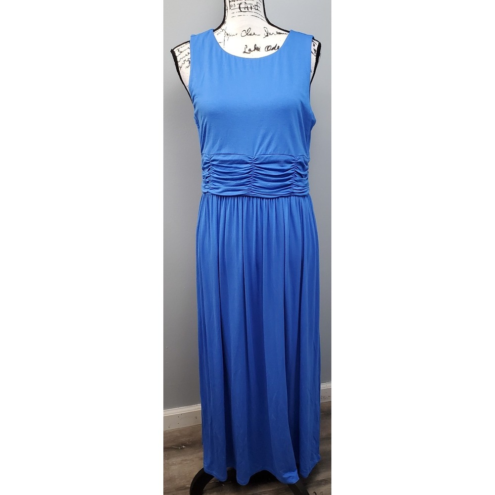 Soft Surroundings Swansea Maxi Dress Womens Petites M Blue Ruched Waist Back Zip